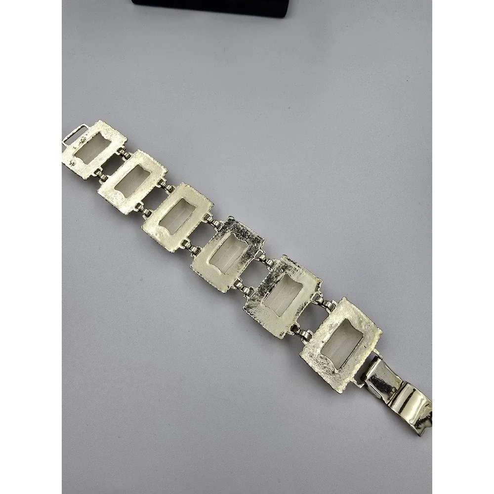 Vintage Gold Tone White Thermoset Panel‎ Link Bracelet Mid-Century Modern Style